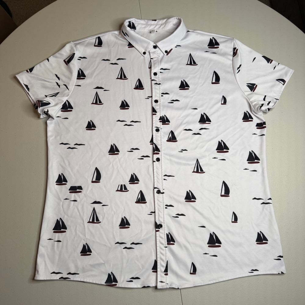 COOFANDY Mens XL‎ Sailboat Print Short Sleeve Button Down Shirt White Nautical